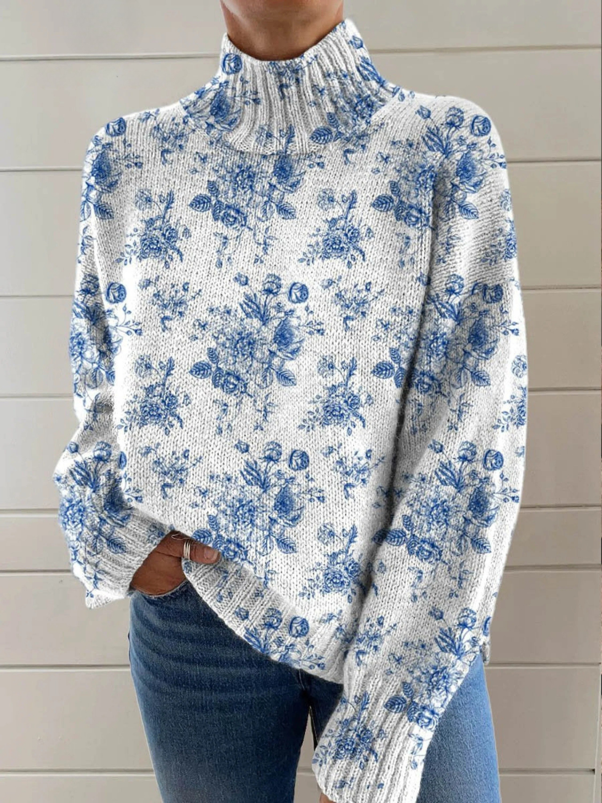 Calvine | Blå Blomster Turtleneck Genser