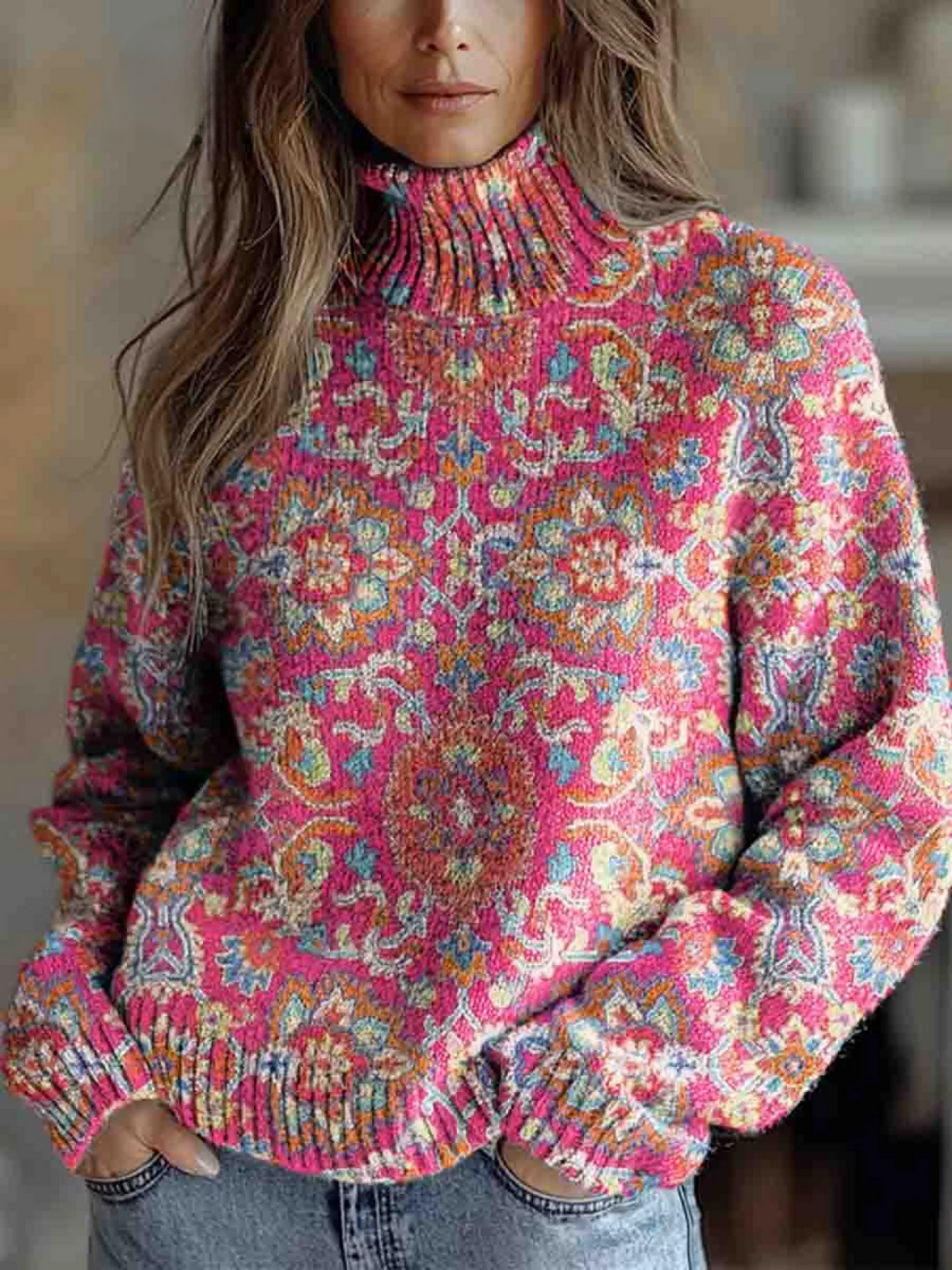 Nivellea | Retro Etnisk Blomstrete Turtleneck